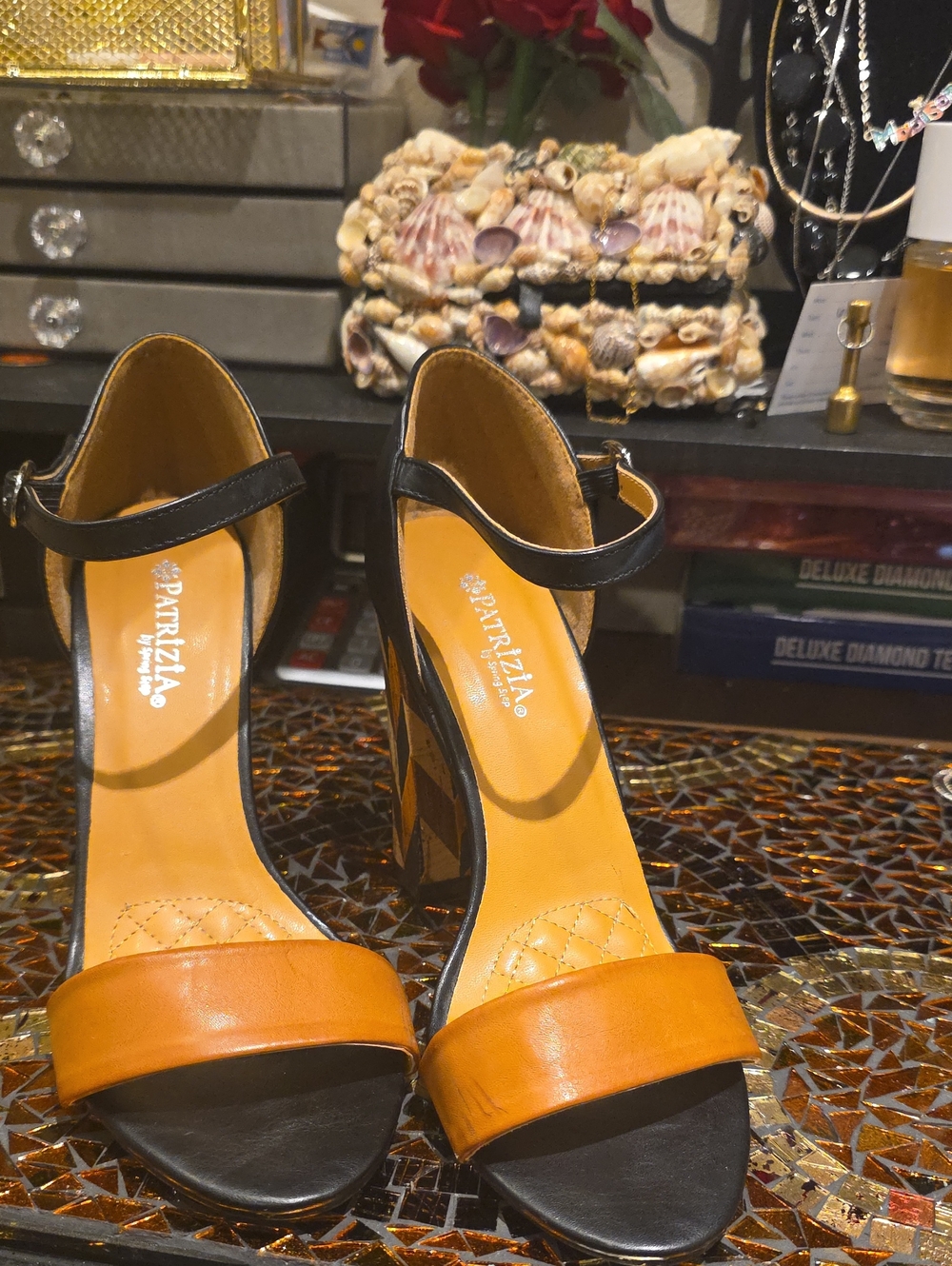 Patrizia Pepe Black and Tan Open-Toe Ankle-Strap Heels
